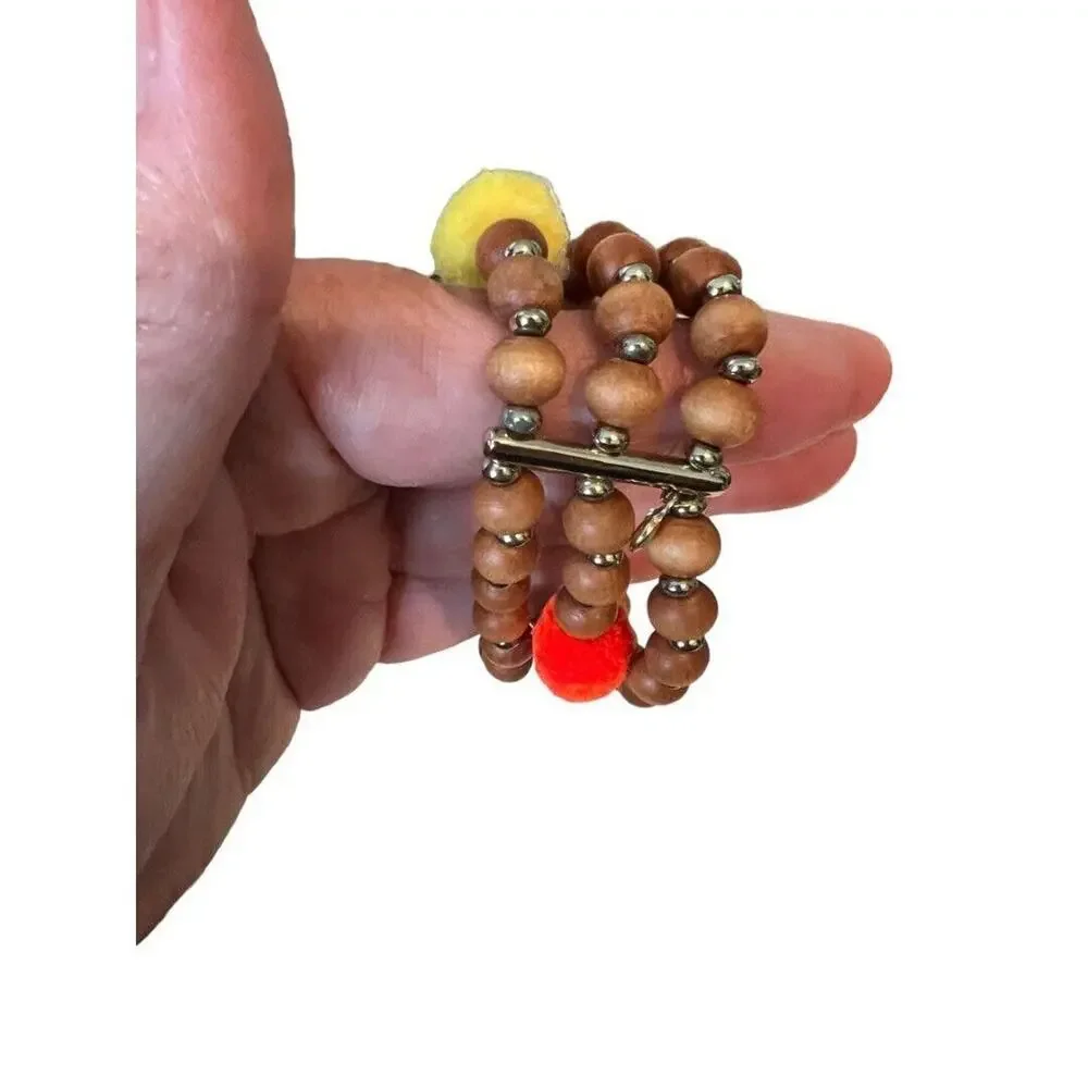 Baublebar Wood Beaded Stretch Bracelet Pom Pom Tribal Three Strand